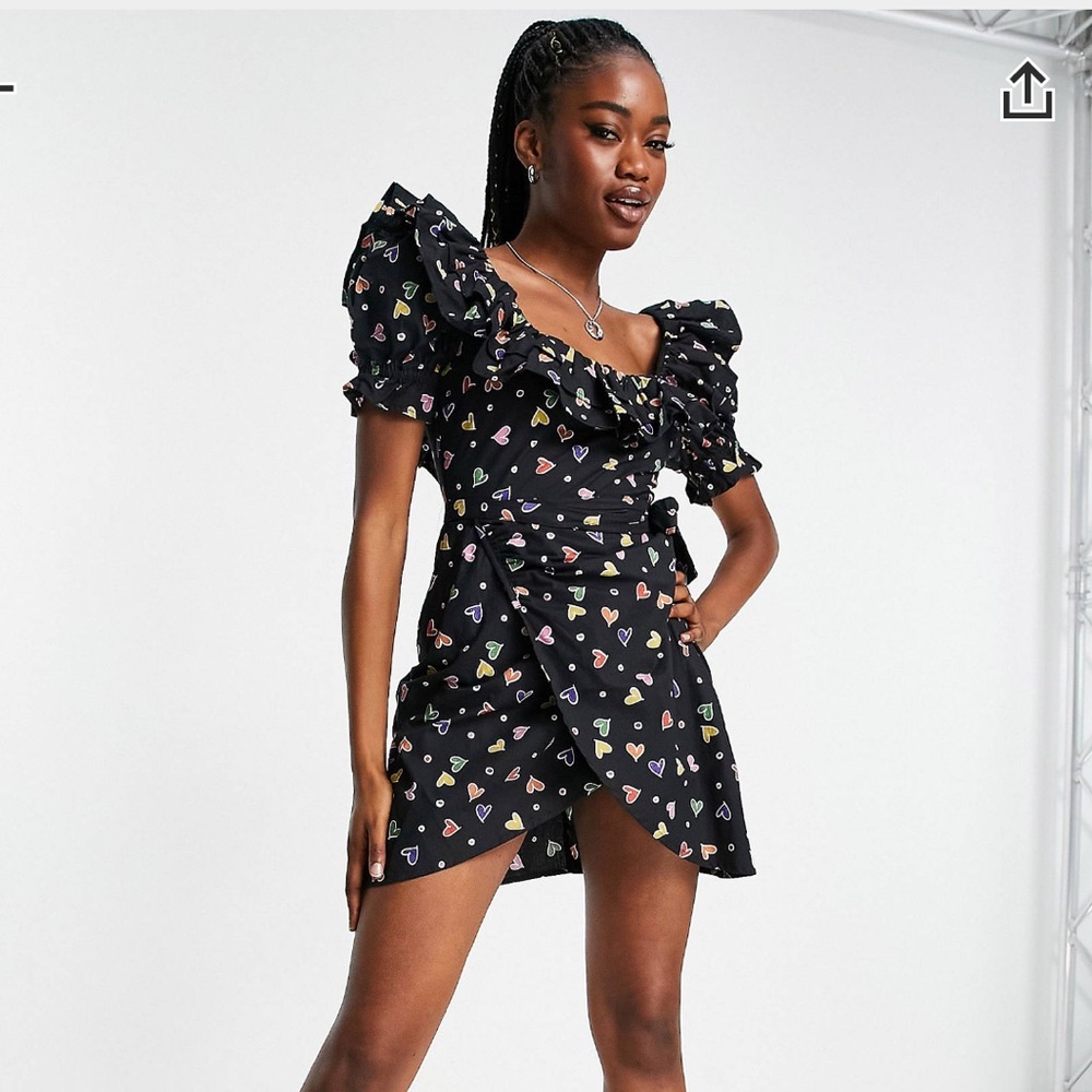 ASOS DESIGN cotton ruffle wrap mini dress in colorful heart print